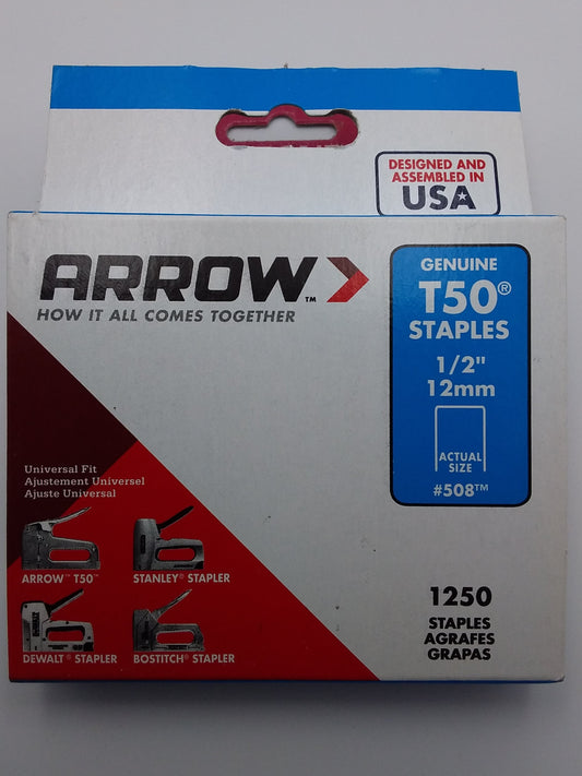 A box of Arrow brand T50 staples, with the size of 12mm staples displayed on the packaging, indicating a quantity of 1250 staples and compatibility with Apple products.