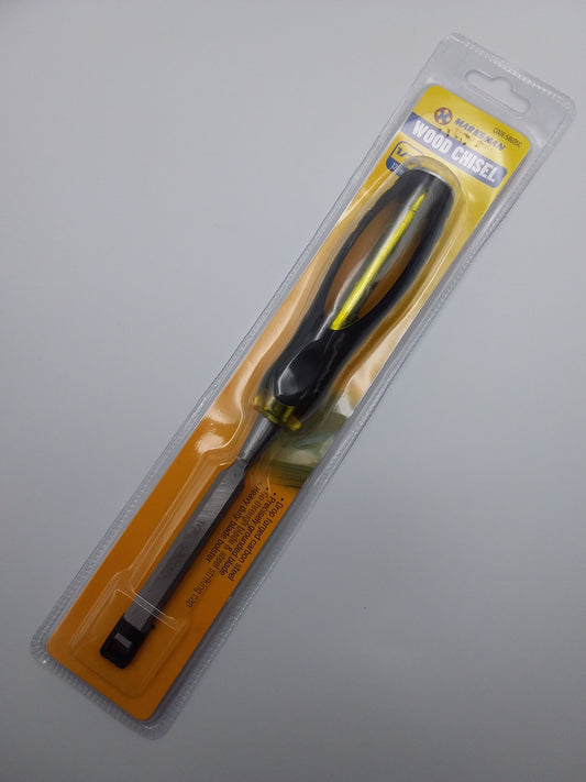 12mm wood chisel with a black handle and a yellow and black packaging.