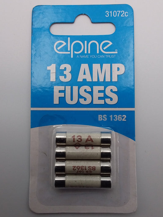 A pack of 13AMP fuses in a clear plastic packaging with a blue and white label, showing 4 fuses visible through the packaging.