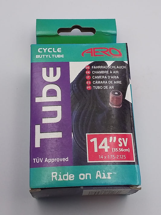A packaged 14-inch inner tube with the brand name CycloPro visible, marked as tuned and ride on air, compatible with 1.75-2.