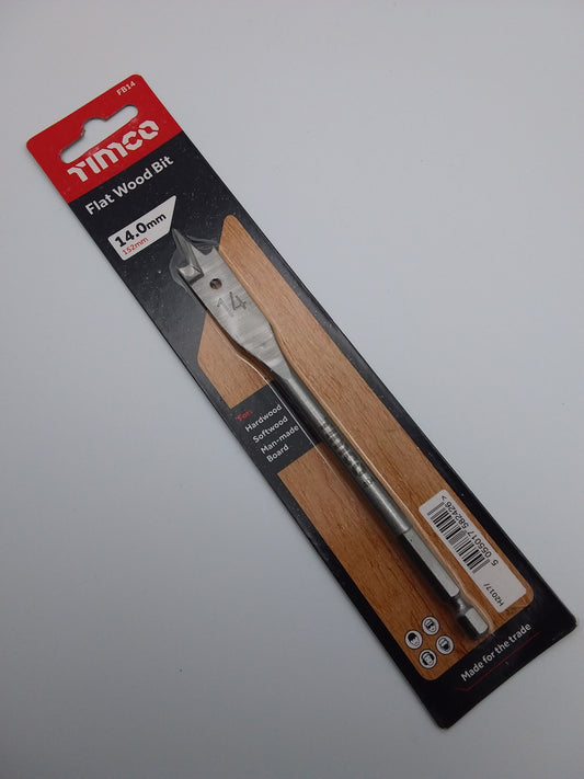 A 14mm flat wood drill bit packaged in a card with the brand name visible