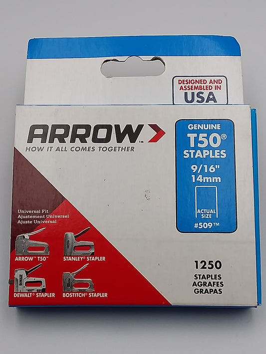 A box of Arrow T50 staples, with a predominantly white and blue color scheme, featuring product information and the Arrow brand logo.