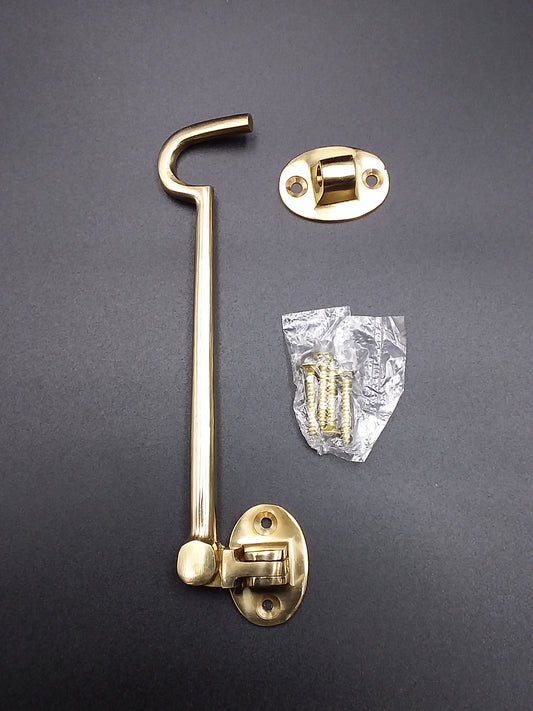 A 150mm brass cabin hook with its mounting plate and hardware.