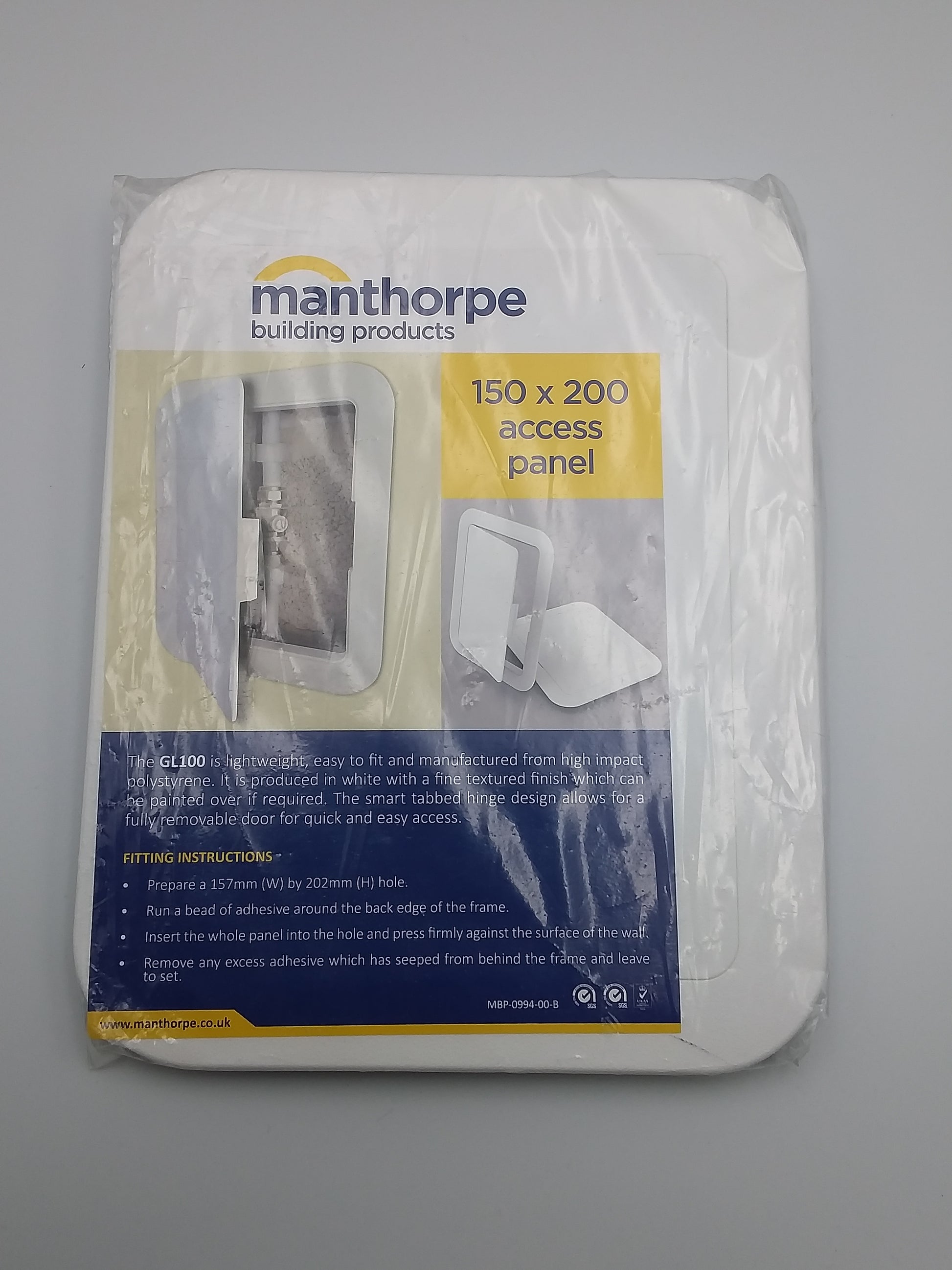 Packaged access panel from Manthorpe Building Products, white in color, measuring 150 x 200mm.