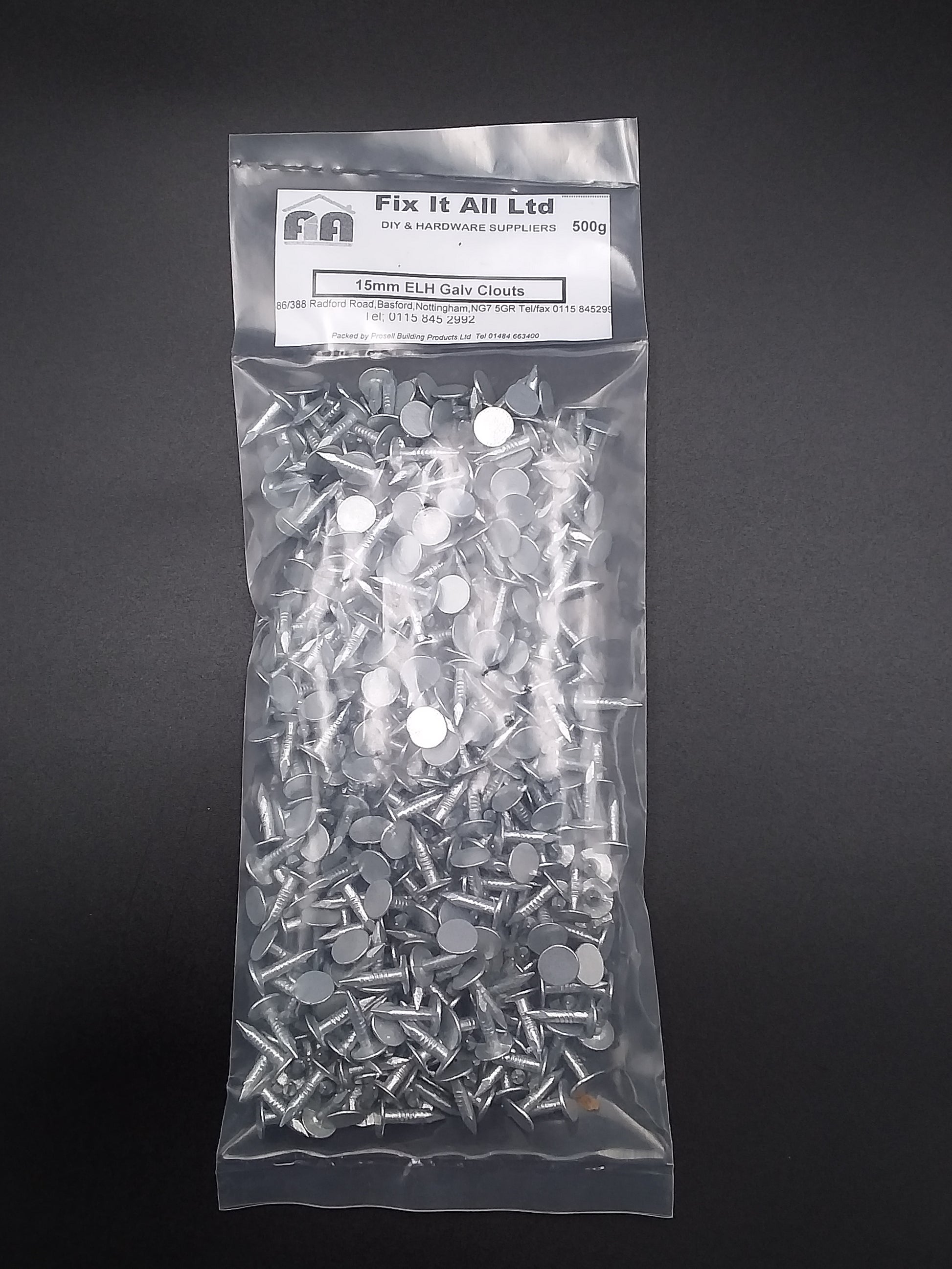 A clear plastic bag containing 15mm ELH galvanized clout nails, with a label including the brand name and product details.