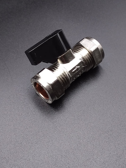 A 15mm silver-colored isolating valve with a black handle on top.