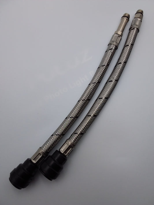  Push Fit Mono Flexe connectors with a metallic finish and black insulating boots.