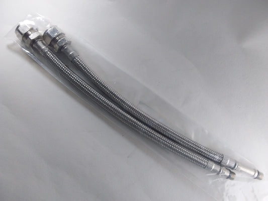 Two silver 15 x 10mm metal flexible hose connectors.
