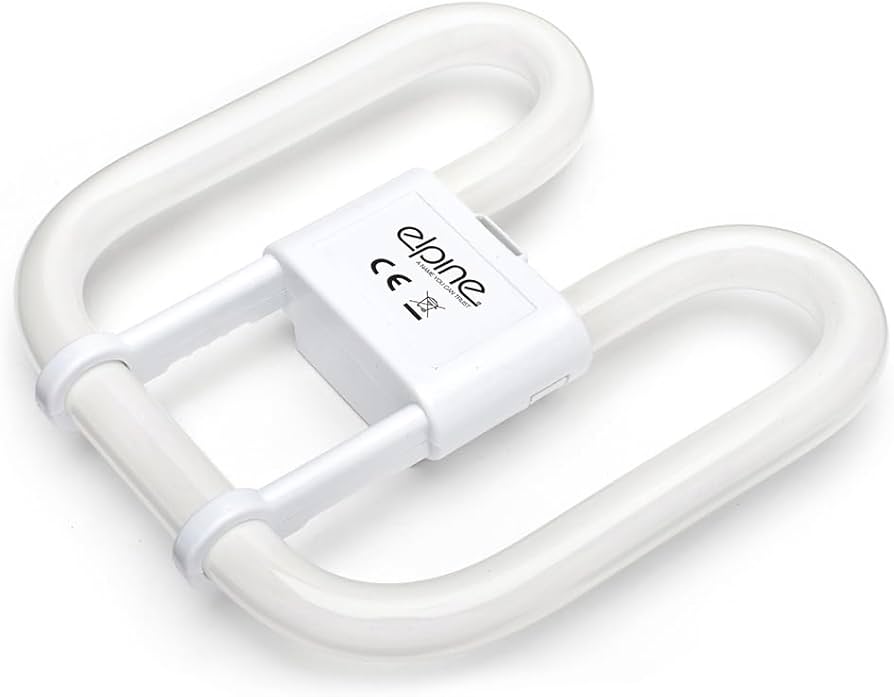 A compact fluorescent bulb with a white coating and two pin connectors.