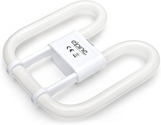 A compact fluorescent bulb with a white coating and two pin connectors.