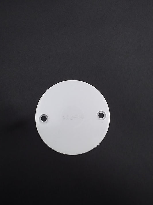 White conduit box lid with two mounting holes, viewed from the top.