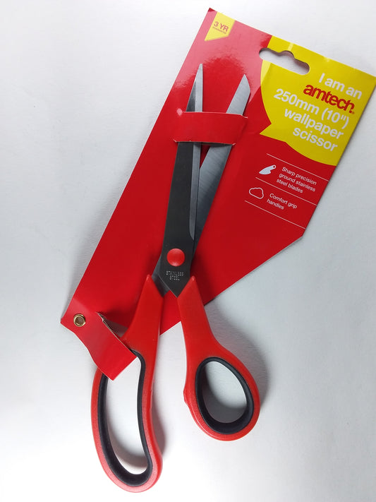 10-inch 250mm stainless steel wallpaper scissors with black accents, packaged on a yellow and red card.