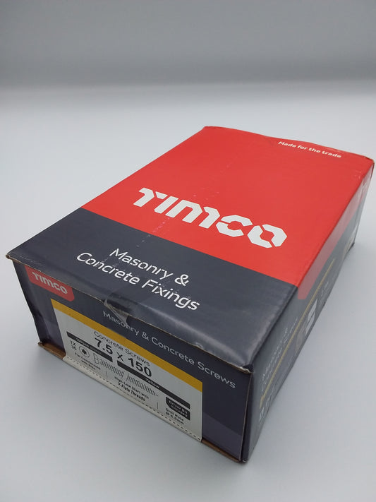 A box of TIMCO brand 7.5 x 150mm concrete screws, with red and white color scheme and brand logo visible.