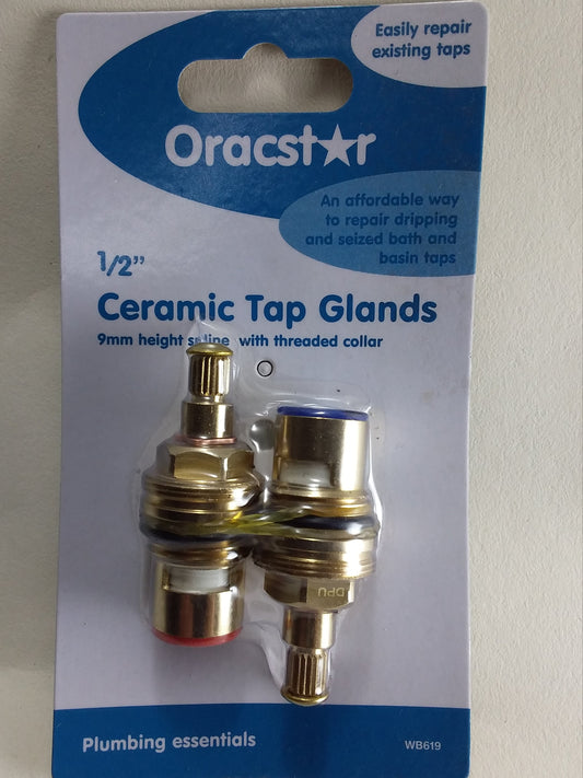 Pack of 2 ceramic tap glands by Oracstar, with a 9mm height spline, displayed on its packaging.