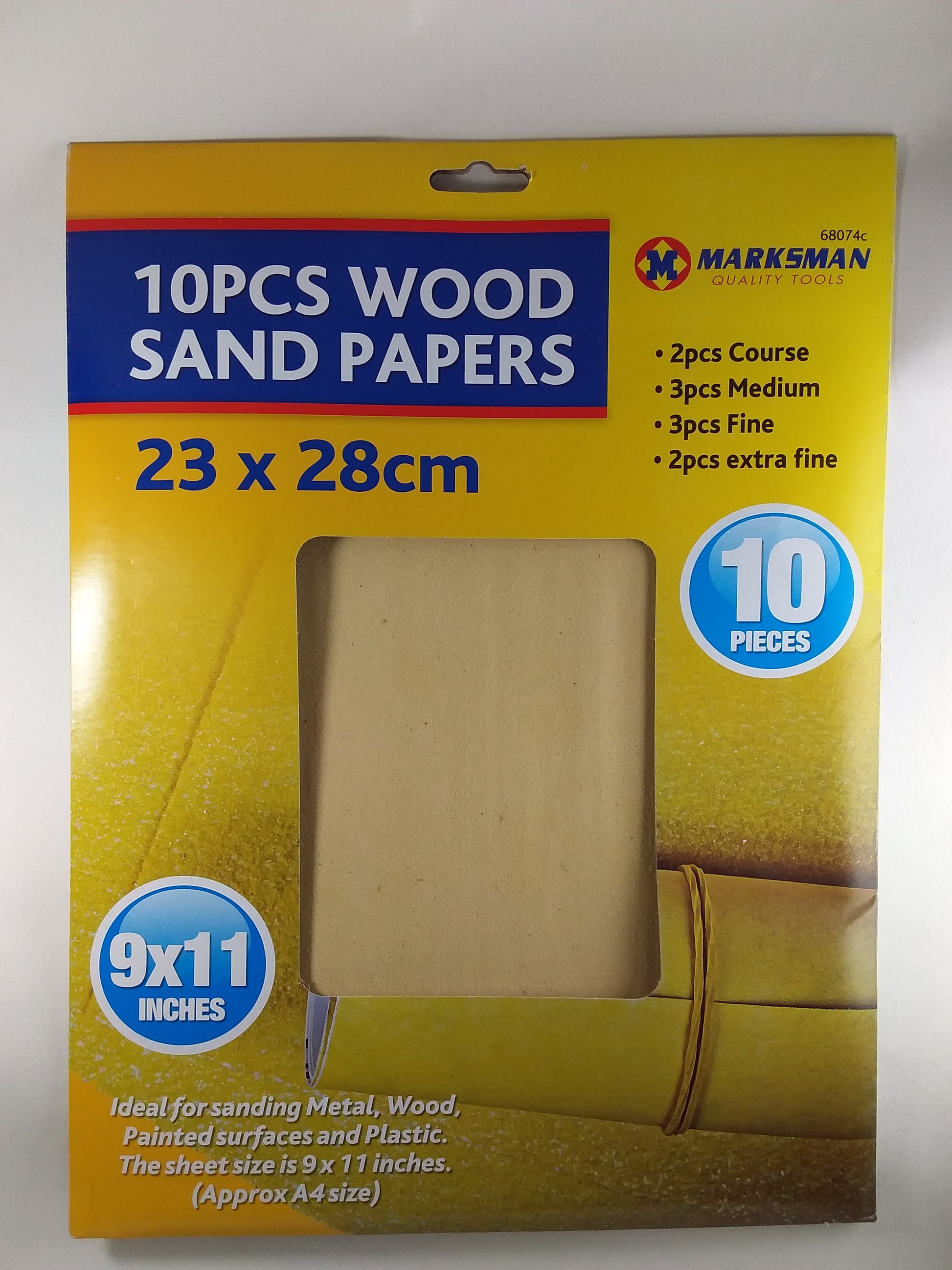 Packaging of Marksman wood sand papers, containing 10 pieces in assorted grits, size 23 x 28 cm.
