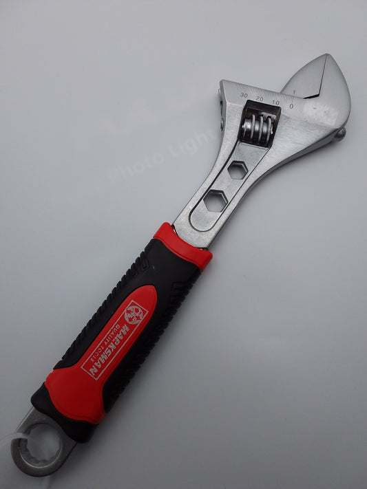 8-inch adjustable wrench with a black and red handle, and a silver-colored head.