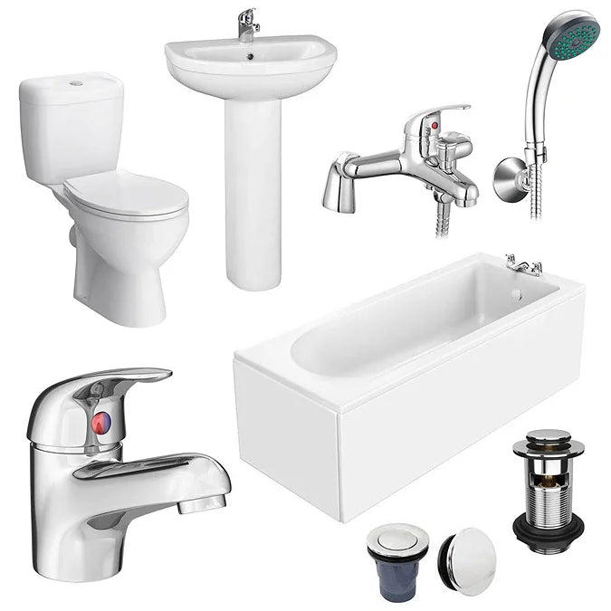 A set of bathroom fixtures including a toilet, pedestal sink, bathtub, 1700mm bathpanel, bath & basin mixer and waste.