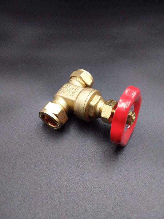 22mm brass gate valve with a red handle, typically used in plumbing.