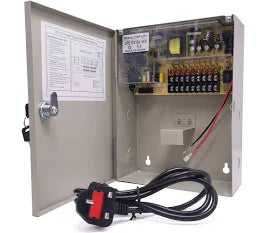 10-Way 9 Port Power Supply unit with multiple output ports and a protective metal casing with power supply