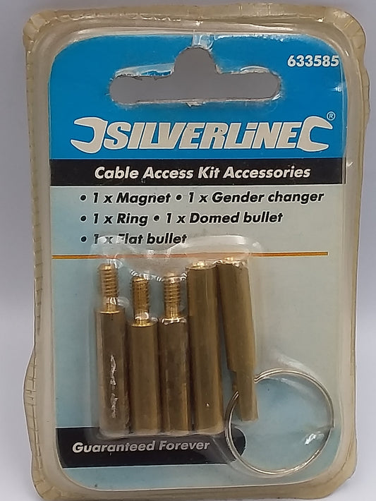 Cable access kit accessories by Silverline, packaged in a clear plastic case with a blue and white label, containing various tools including a magnet, gender changer, ring, domed bullet, and flat bullet.