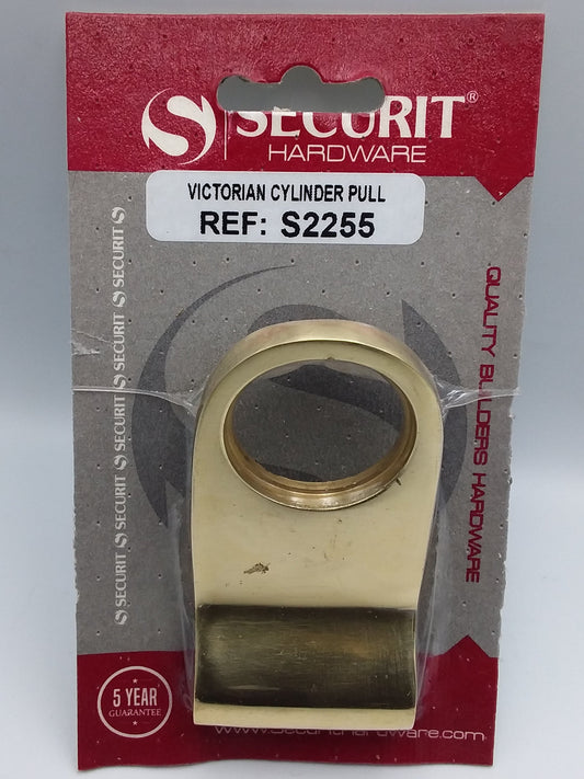 A brass Victorian cylinder pull hardware product, packaged on a red and white card with the brand name 'Securit Hardware' displayed.