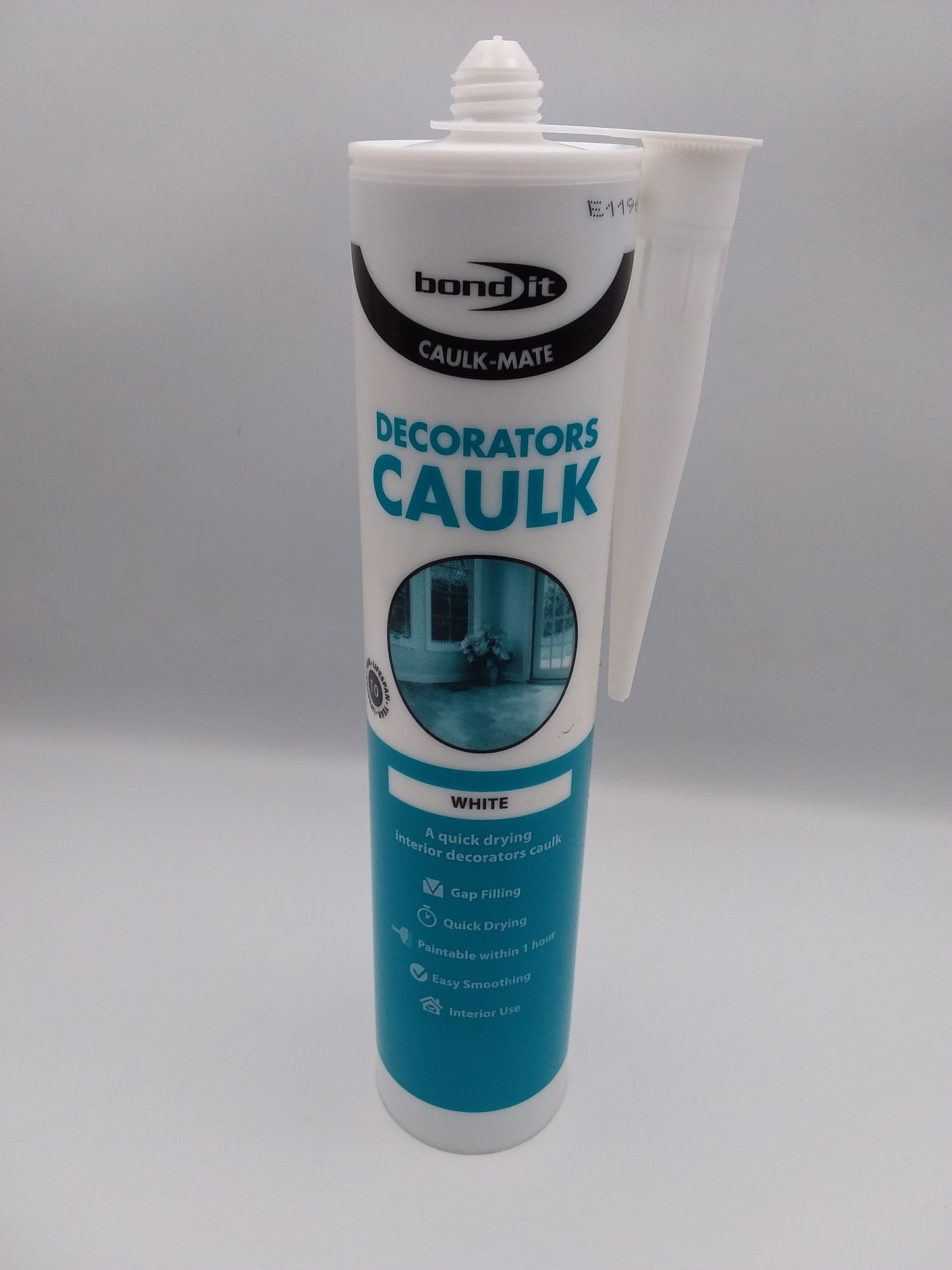 A tube of Decorators caulk white C3 sealant, primarily white in color with blue and black text and details.