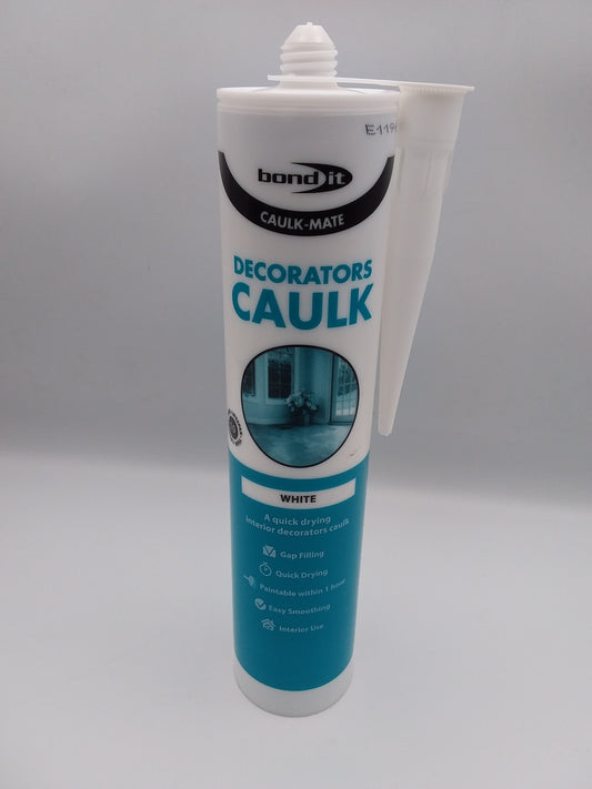 A tube of Decorators caulk white C3 sealant, primarily white in color with blue and black text and details.