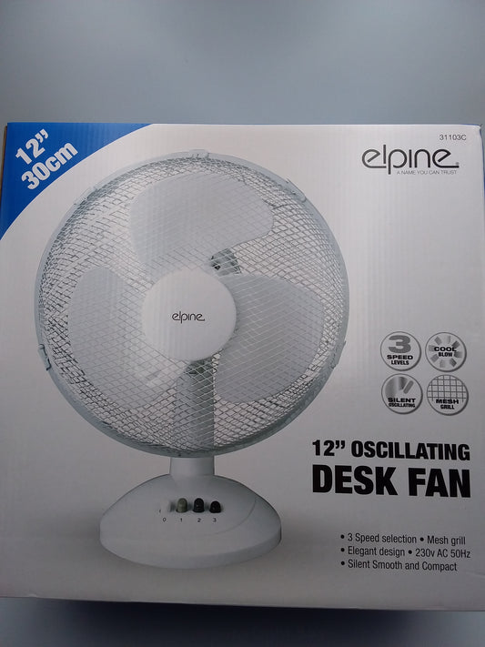 12-inch white desk fan by Elpine is packaged in a box showing the fan with protective mesh, control knobs, and a white finish.