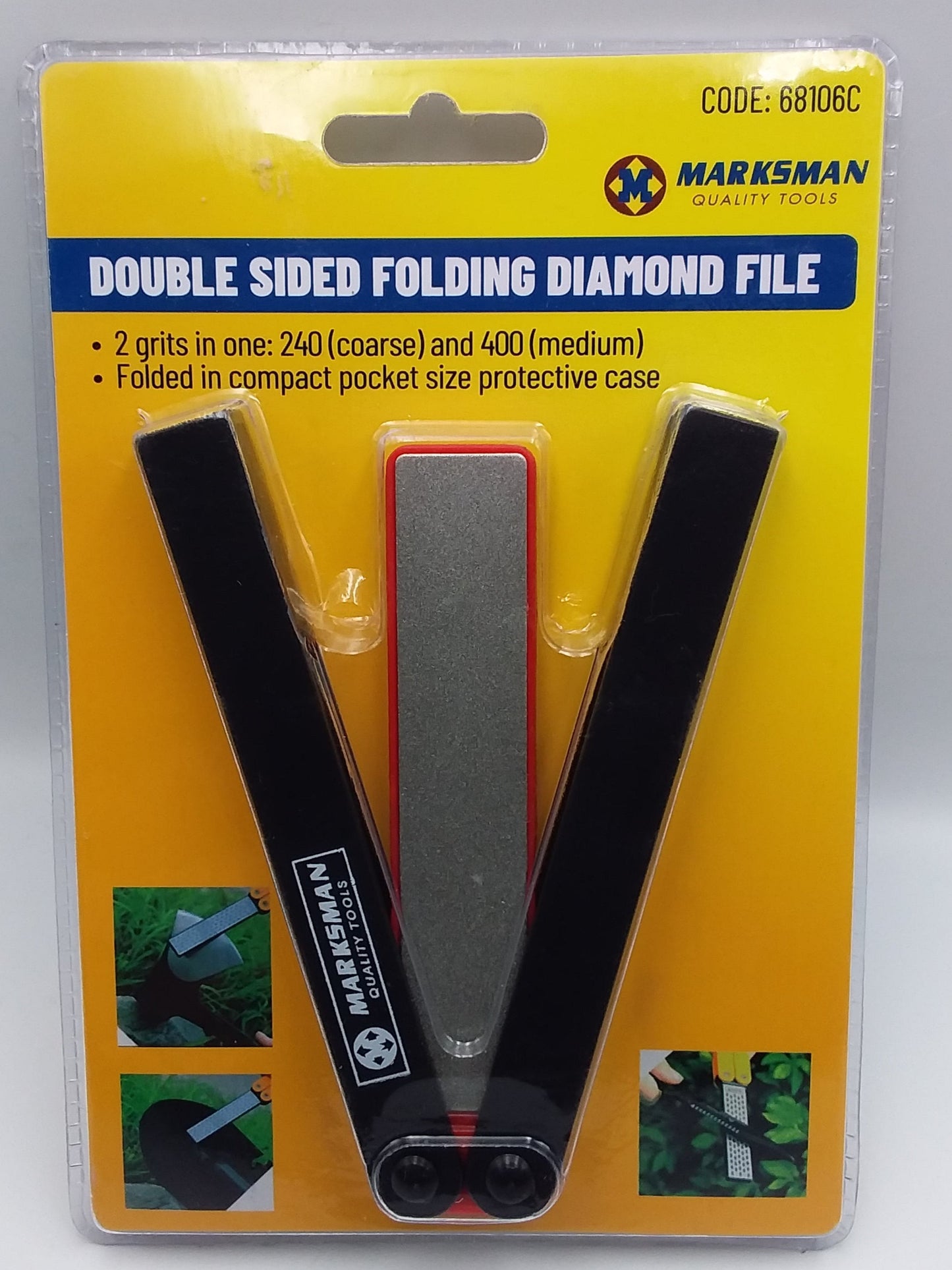 A double sided folding diamond file in packaging, with visible black and blue files and product information.