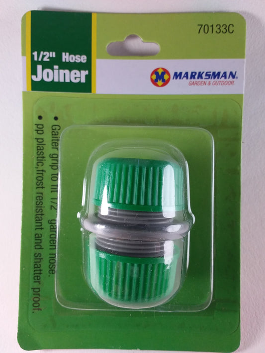 A 1/2 inch double-sided female hose connector on green packaging with the brand name Marksman visible at the top.