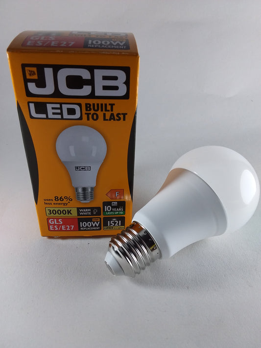 A packaged JCB brand LED light bulb with the packaging showing the bulb and its specifications, such as 3500K color temperature and 10,000 hours of lifespan.