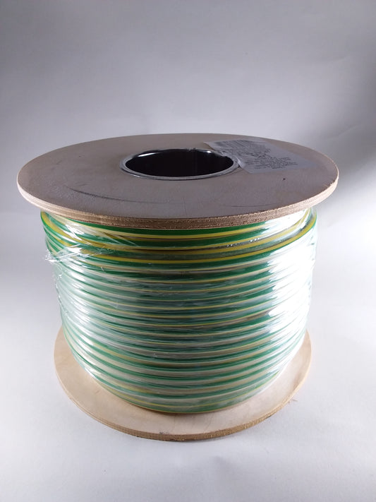Green and yellow colored electrical wire or cable.