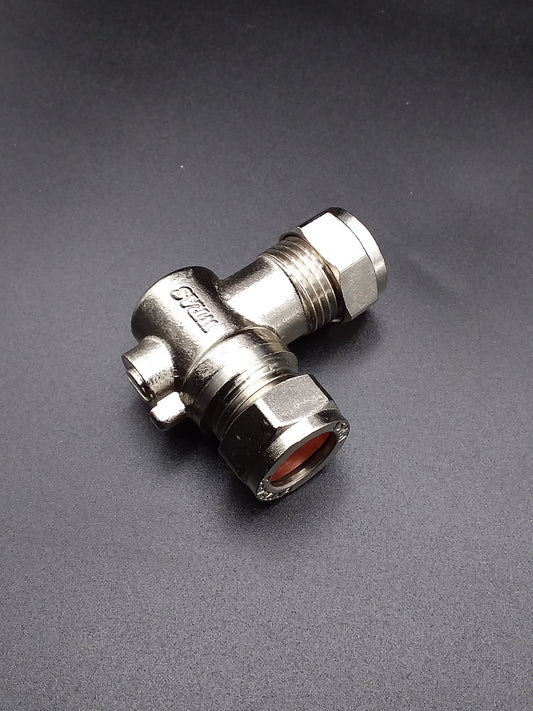 A silver-colored 15mm elbow isolating valve with threaded connections and a hand wheel for turning the valve on and off.