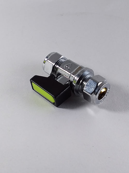 Chrome gas valve with a black handle, typically used for controlling the flow of gas.