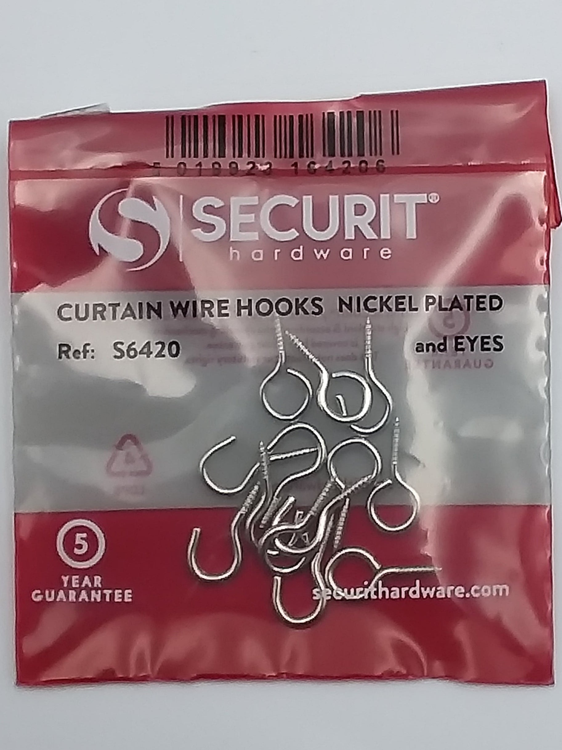 A pack of Securit brand curtain wire hooks and eyes, nickel plated, displayed on a red and white card.