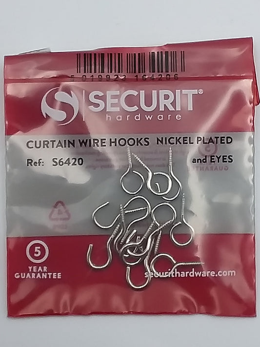 A pack of Securit brand curtain wire hooks and eyes, nickel plated, displayed on a red and white card.