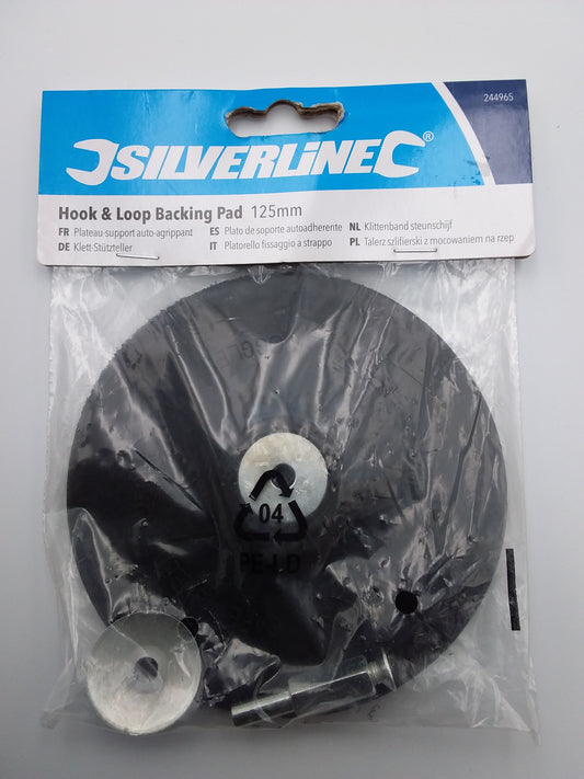 Hook and loop backing pad, 125mm in size, intended for use with power tools.