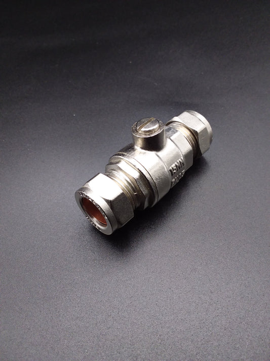 A 15mm chrome full bore isolating valve with a dark background.
