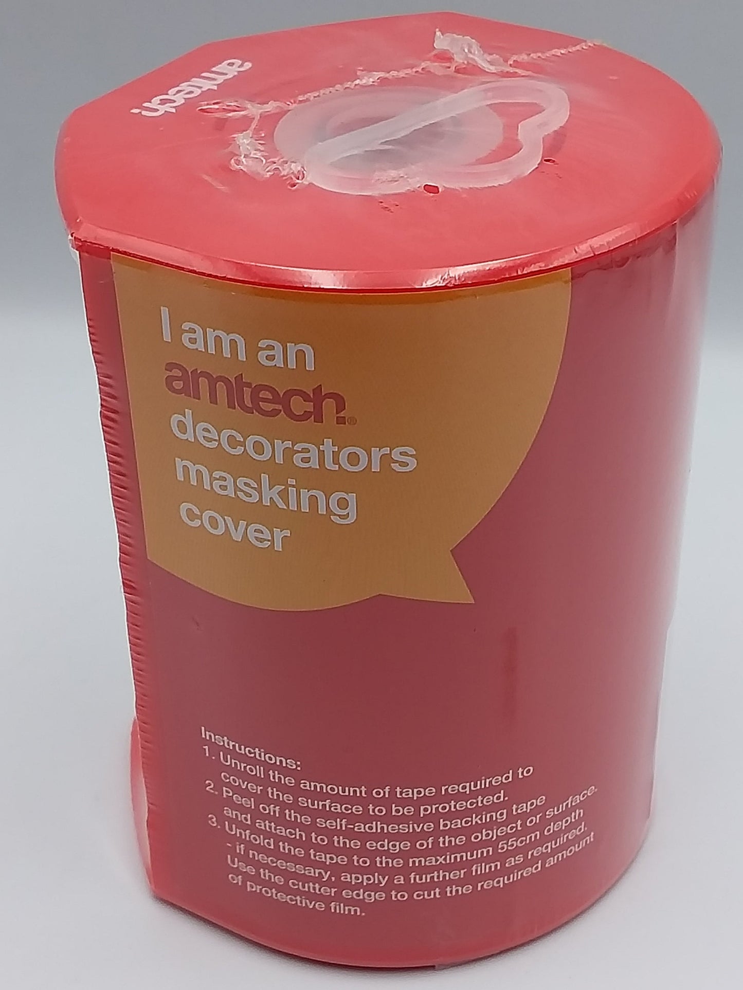 A roll of decorators masking cover, 550mm x 20m, in a red protective film packaging.