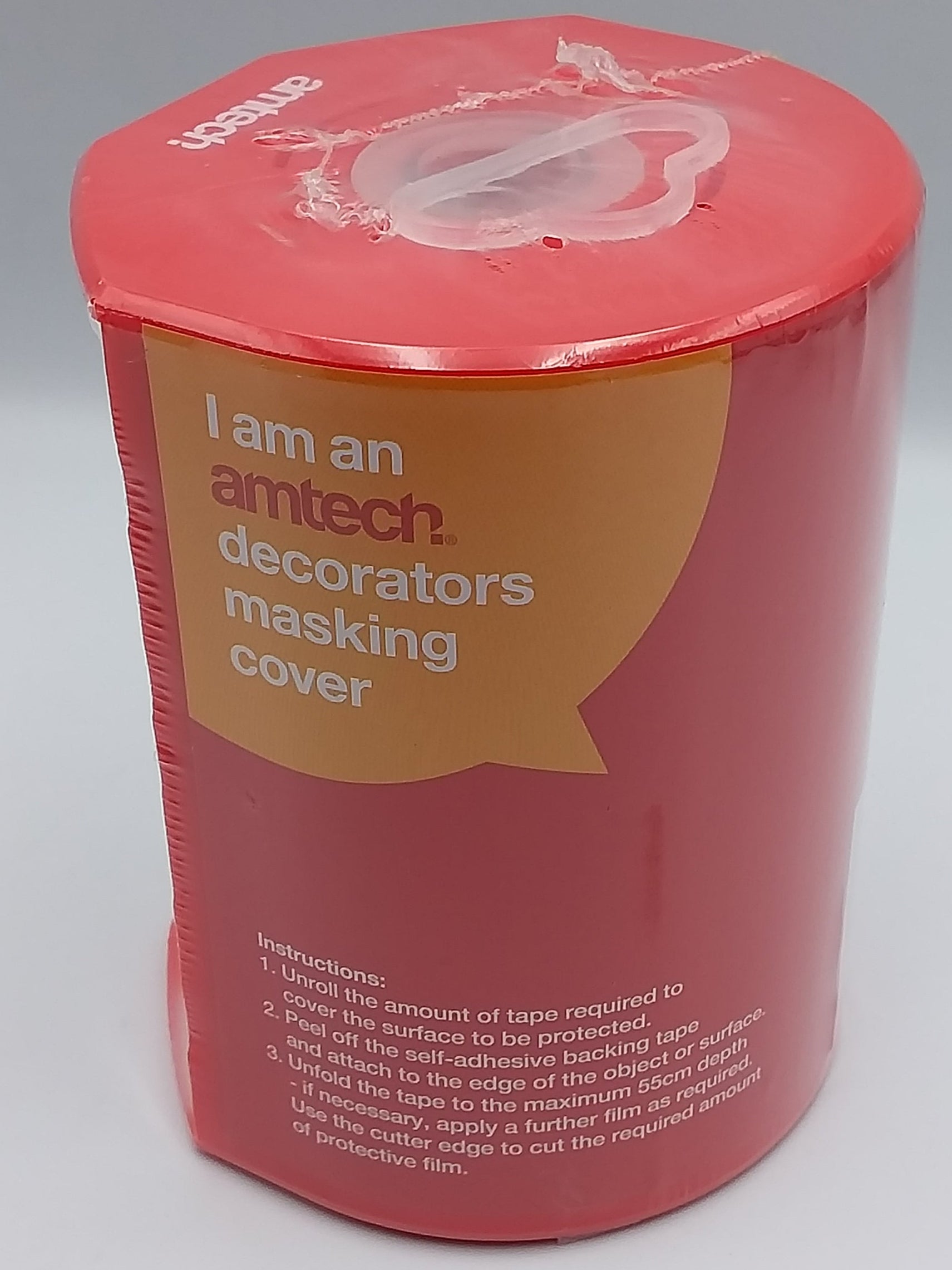 A roll of decorators masking cover, 550mm x 20m, in a red protective film packaging.