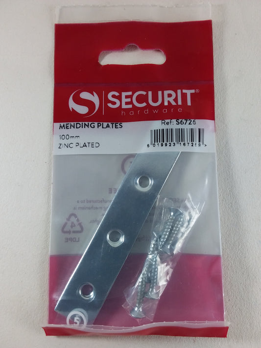 Packaging of Securit brand mending plates, with the plates visible through a clear plastic window, accompanied by screws.