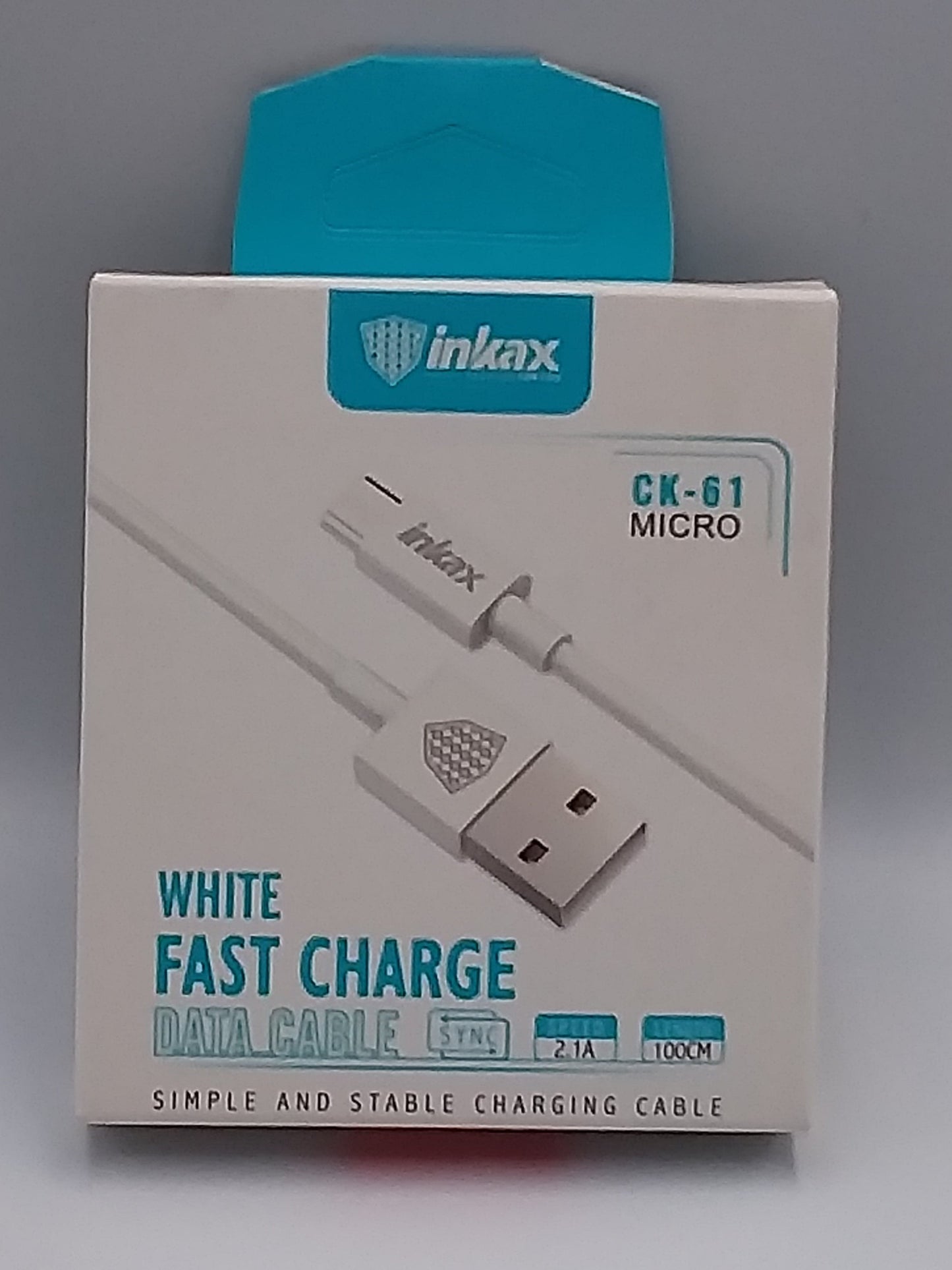 A white micro to USB charging cable in packaging, with text indicating fast charge capability and 2.4A current.