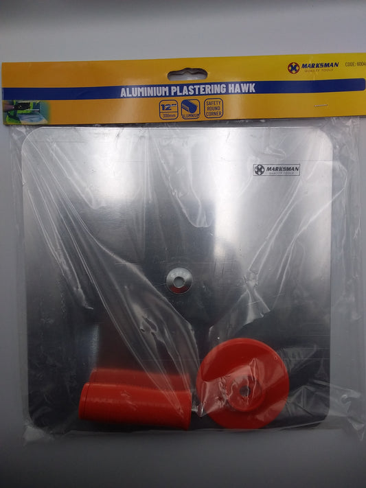 Aluminium plastering hawk 300 x 300mm packaged in plastic, predominantly gray in color with red details.