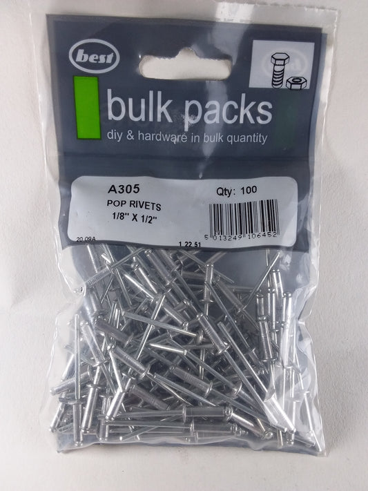 A pack of 1/8' x 1/2' pop rivets in silver color, labeled as quantity 100.