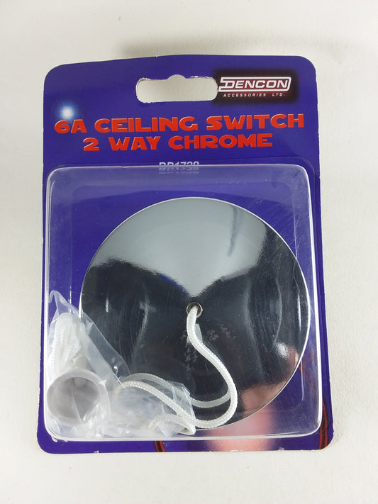 A packaged ceiling switch with a chrome finish, labeled as a 2-way switch by SINTOM, in a blue and clear plastic blister pack.