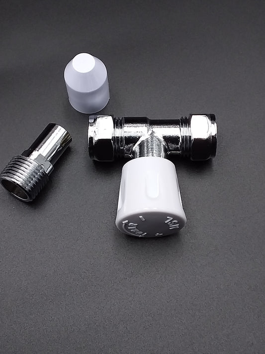A 15mm L/S radiator valve with a straight design, featuring a metallic body and a white plastic handle.