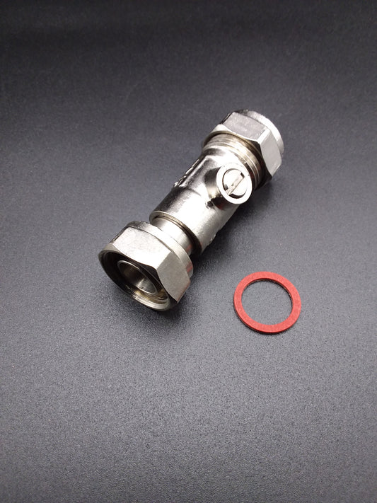 15mm Silver metal service valve with a straight design.