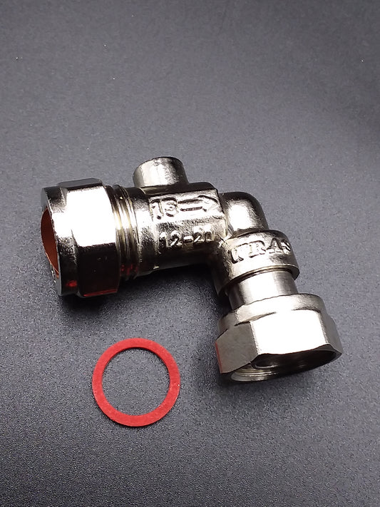 15mm metal service valve with a bent shape and a red circular sealing component next to it, likely for use in plumbing applications.