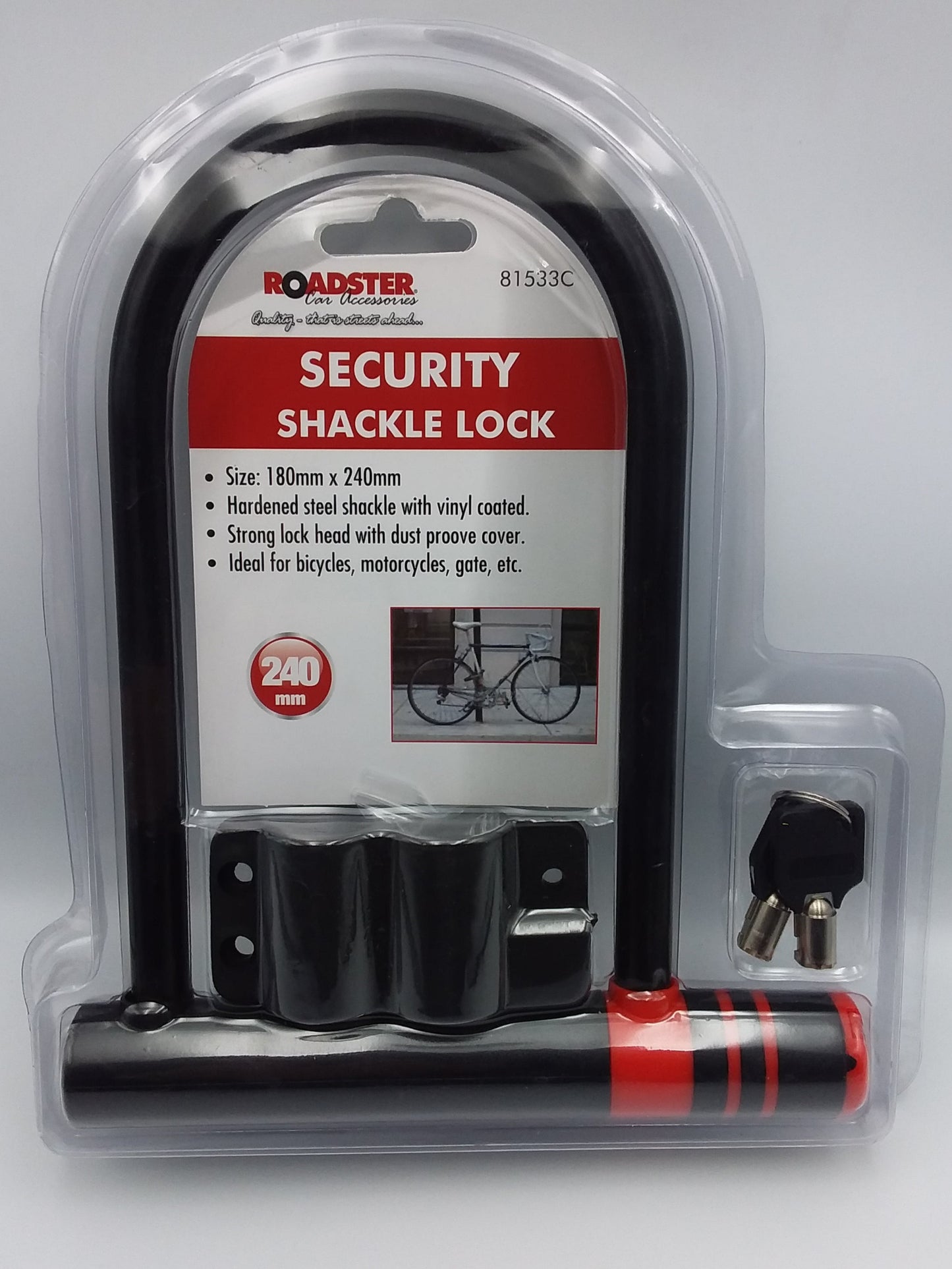 A black security shackle bicycle lock with red accents, packaged in a clear plastic casing, including keys.