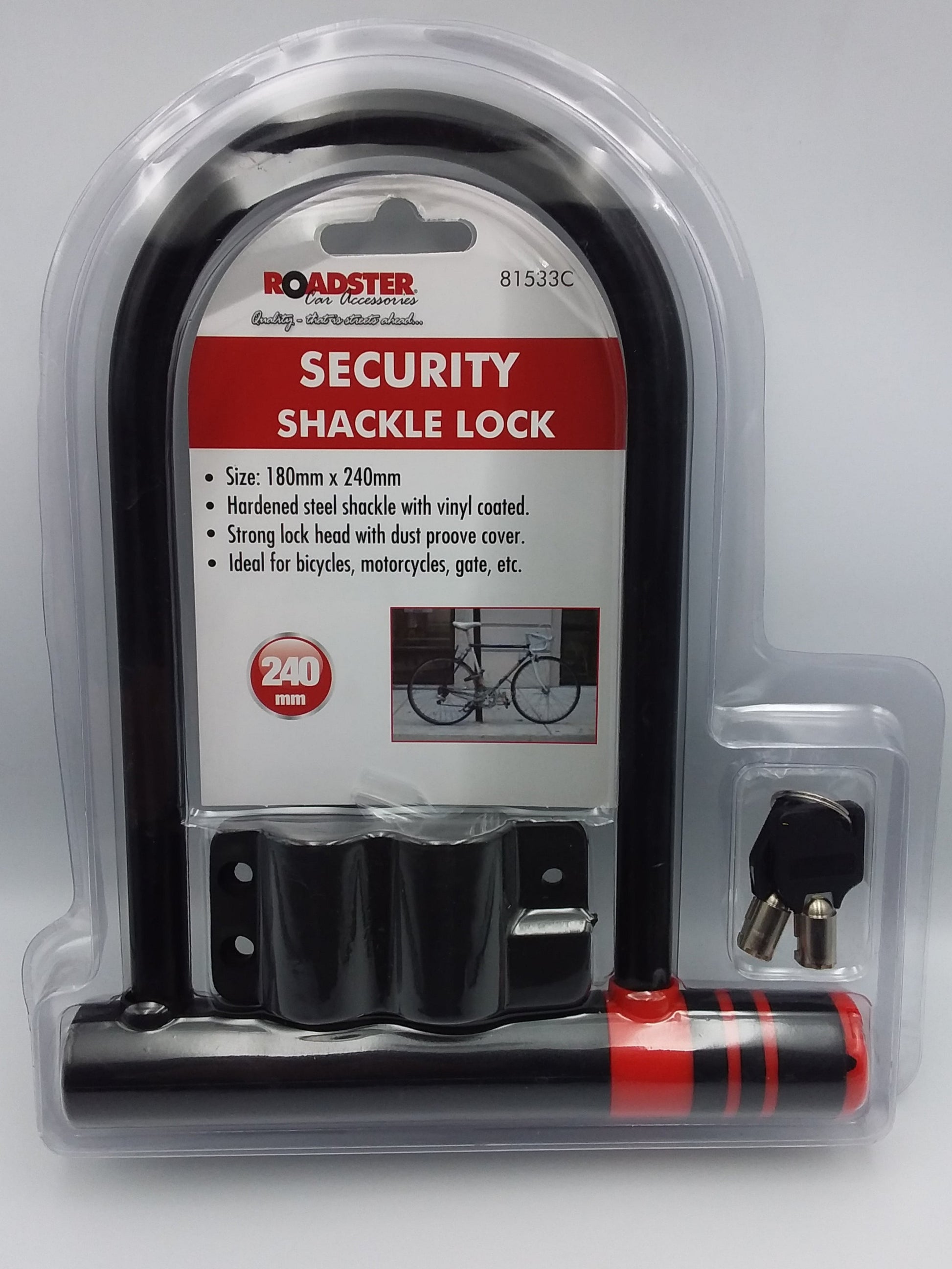 A black security shackle bicycle lock with red accents, packaged in a clear plastic casing, including keys.